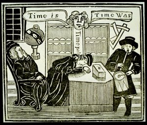El tiempo es, el tiempo fue, copia de una ilustración de Historia del fraile sabio Bacon utilizada en una colección de folletos sobre esoterismo de English School