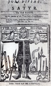 Página de título del primer libro de Jure Divino - Una sátira por Daniel Defoe (1660-1731) publicado en 1706
