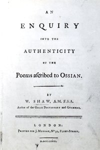 Página de título de An enquiry into the authenticity of the poems ascribed to Ossian por William Shaw, publicado en 1781 (papel impreso) de English School