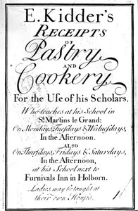 Página de título para E. Kidders Receipts of Pastry and Cookery, por Edward Kidder, publicado c.1730