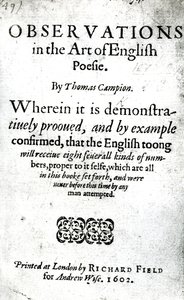 Página de título de Observaciones en el arte de la poesía inglesa de Thomas Campion, publicado en 1602 de English School
