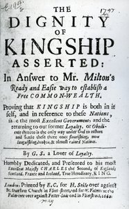 Página de título de La dignidad de la realeza afirmada por G.S. un amante de la lealtad, publicado en 1660