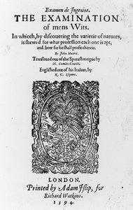 Página de Título de El Examen de los Ingenios de los Hombres por Juan Huarte, publicado 1594 (papel impreso) de English School