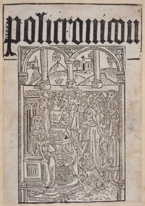 Página de título del Polychronicon de Ranulf Higden (d.1364) impreso por Wynkyn de Worde, 1495 de English School