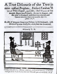 Página de título de Un verdadero discurso de los dos profetas infames, Richard Farnham, tejedor, de White-Chapel, y John Bull, tejedor, de Saint Botolphs, Algate por T.H, 1636