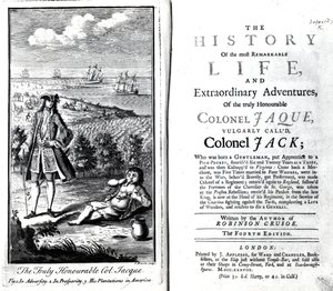 Página de título y frontispicio de The History of the most Remarkable Life and Extraordinary Adventures of the truly Honourable Colonel Jaque por Daniel Defoe, 1738 de English School