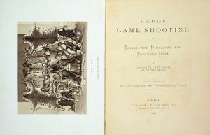 Página de título y portada de Gran caza en el Tíbet, los Himalayas y el norte de la India por el Coronel Alexander Kinloch, publicado en 1885 de English School