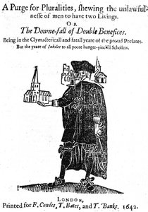 Página de título de A Purge for Pluralities impreso para F. Cowles, T. Bates y T. Banks, 1642