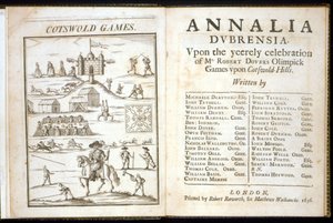 Página de título de Annalia Dubrensia: Sobre la celebración anual de los Juegos Olímpicos del Sr. Robert Dover en las colinas de Cotswold, 1636