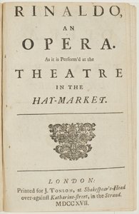 Página del libreto de la ópera "Rinaldo" de Handel, por Giacomo Rossi, 1717 de English School