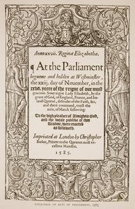Página de título de Acts of Parliament, impreso por Christopher Barker (1528-99), 1585 de English School