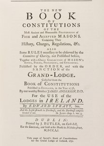 Portada del Libro de Constituciones de Spratt para la Gran Logia en Irlanda, 1751 de English School