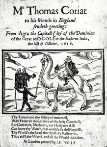 Página de título del relato póstumo de los viajes de Thomas Coryat en India, publicado en Londres, 1618 de English School