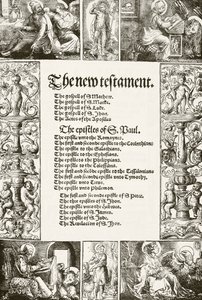 Página de título del Nuevo Testamento de William Tyndale, impreso en 1530s, de The National and Domestic History of England por William Hickman Smith Aubrey, publicado en Londres, c.1890