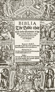 Página de título de la Biblia de Coverdale, impresa en 1535, de The National and Domestic History of England por William Hickman Smith Aubrey, publicado en Londres, c.1890