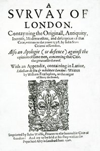 Página de título de Una encuesta de Londres por John Stow, publicada en 1598