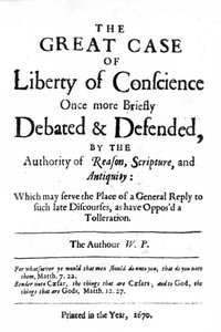 Página de título de El Gran Caso de la Libertad de Conciencia por William Penn, publicado en 1670 de English School