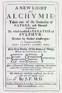Portada de la edición inglesa de A New Light on Alchemy por Michal Sedziwoj, 1650