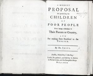 Portada de Una Modesta Propuesta de Jonathan Swift, publicada en 1729 de English School