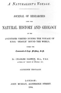 Página de título de A Naturalists Voyage Around the World de Charles Darwin, edición publicada en 1884 de English School