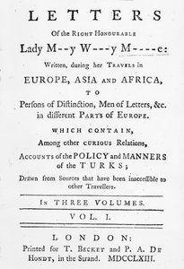 Portada de Cartas de la Muy Honorable Lady Mary Wortley Montagu, escritas durante sus viajes por Europa, Asia y África, publicadas en 1763 de English School