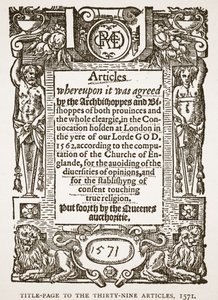 Portada de los Treinta y Nueve Artículos, 1571, ilustración de The Church of England: A History for the People por H.D.M. Spence-Jones de English School