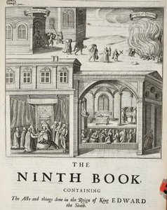 Portada del noveno libro, ilustración de Hechos y Monumentos de John Foxe, novena edición, pub. 1684