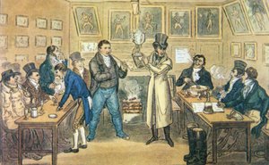 El salón de Tom Cribb en el Union Arms, Holborn, sosteniendo la copa de Cribb, de una aguatinta de Cruickshank del 