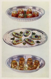 Cremas de tomate; Góndolas de anchoas; Gambas en aspic (litografía en color) de English School