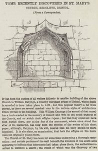 Tumba recientemente descubierta en la iglesia de Santa María, Redcliffe, Bristol (grabado) de English School