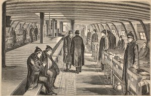 Cubierta superior del barco hospital Unite, adjunto a los cascos en Woolwich, ilustración de Las prisiones criminales de Londres y escenas de la vida en prisión de Henry Mayhew y John Binny, pub. 1862 de English School