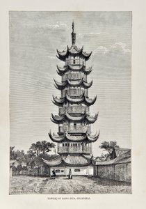 Torre de Long Hua, Shanghái, ilustración de The Universal Geography, the Earth and its inhabitants, publicado 1878 de English School