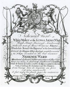 Tarjeta comercial de Nehemiah Ward, fabricante de látigos de Southwark de English School