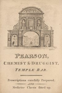 Tarjeta comercial de Pearson, químico y boticario, Temple Bar, Londres de English School