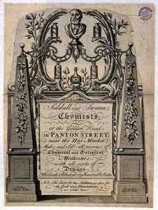 Tarjeta comercial para Siddall y Swann, Químicos, en la Cabeza Dorada, Panton Street, Londres de English School