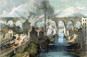 Tren cruzando el viaducto de Stockport en la London  North Western Railway, c.1845 (litografía en color) de English School