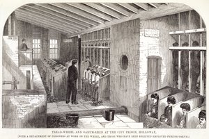 Rueda de Molino y Cobertizo de Estopa en la Prisión de la Ciudad, Holloway, de Las Prisiones Criminales de Londres y Escenas de la Vida en Prisión por Henry Mayhew y John Binny, 1862 de English School