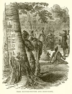 Escritura pictográfica en árboles y misionero de English School