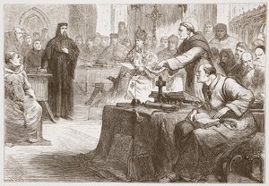 Juicio de Wicliffe, ilustración de La Historia del Protestantismo por James Aitken Wylie (1808-1890), pub. 1878