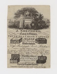 Tarjeta comercial de fabricante de baúles, J Shepherd de English School