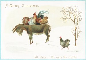 Pavo y gallina sentados en el lomo de un burro, tarjeta de Navidad