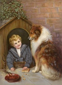 Turned Out - Niño que finge ser un perro Collie (litografía en color) de English School