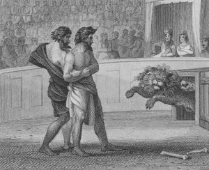 Dos reyes francos arrojados a los leones por el emperador romano Constantino el Grande en Tréveris, 307