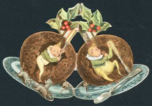 Dos pudines de ciruela, tarjeta de Navidad de English School