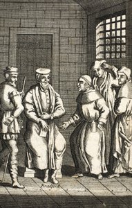 Dos frailes españoles hablando con el Sr. Bradford, ilustración de Mártires de Fox c.1703 de English School