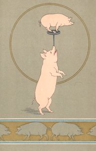 Dos cerdos antropomórficos actuando en un circo