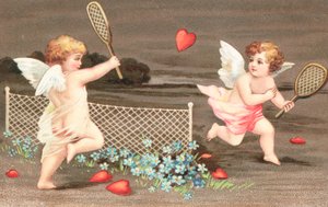 Dos querubines jugando al tenis con un corazón como pelota de English School