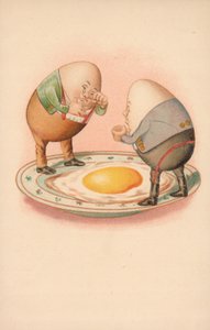 Dos huevos llorando por un huevo roto en un platillo