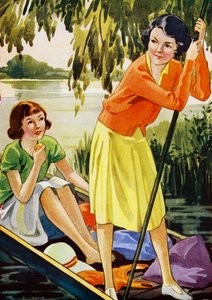 Dos niñas navegando en un río (litografia en color) de English School