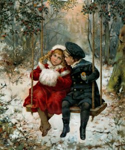 Dos niños en un columpio. El niño lleva un traje de marinero y la niña un manguito. Portada del "Illustrated London news" de Navidad de 1905. París, Artes decorativas de English School
